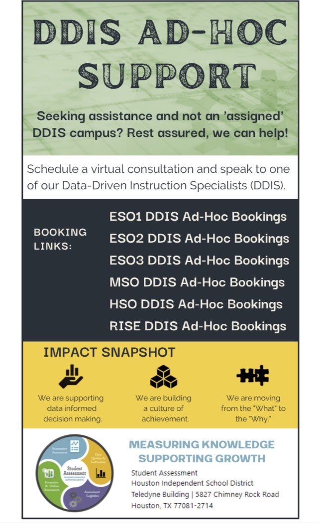 Seeking assistance and not an 'assigned' DDIS campus? Rest assured, we can help!📊

Schedule a virtual consultation &amp; speak to one of our Data-Driven Instruction Specialists (DDIS)

Visit at houstonisd.org/ddis @HISD_Assessment 
#BuildingExcellence #DataRichYear #DDIinAction