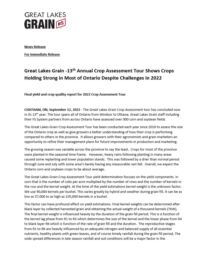 greatlakesgrain's tweet photo. For more details about what we observed in corn and soybean fields throughout #GLGTour2022, please read our press release below. We observed a lot of variability both within and between counties this year.

@agris_coop @CoopEmbrun @FS_PARTNERS https://t.co/jPfezt8Yb2