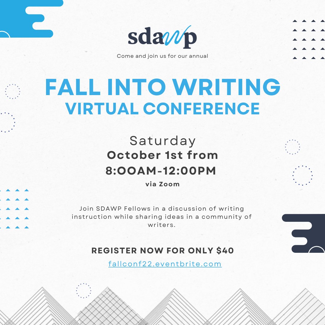 SanDiegoAreaWP's tweet photo. Join us October 1st from 8am-12pm for SDAWP's Fall Writing Conference! For $40 you'll be able to attend 3 concurrent sessions led by our SDAWP Fellows. Register now https://t.co/Z8hz9xYSM2 https://t.co/R89RmFCFCW