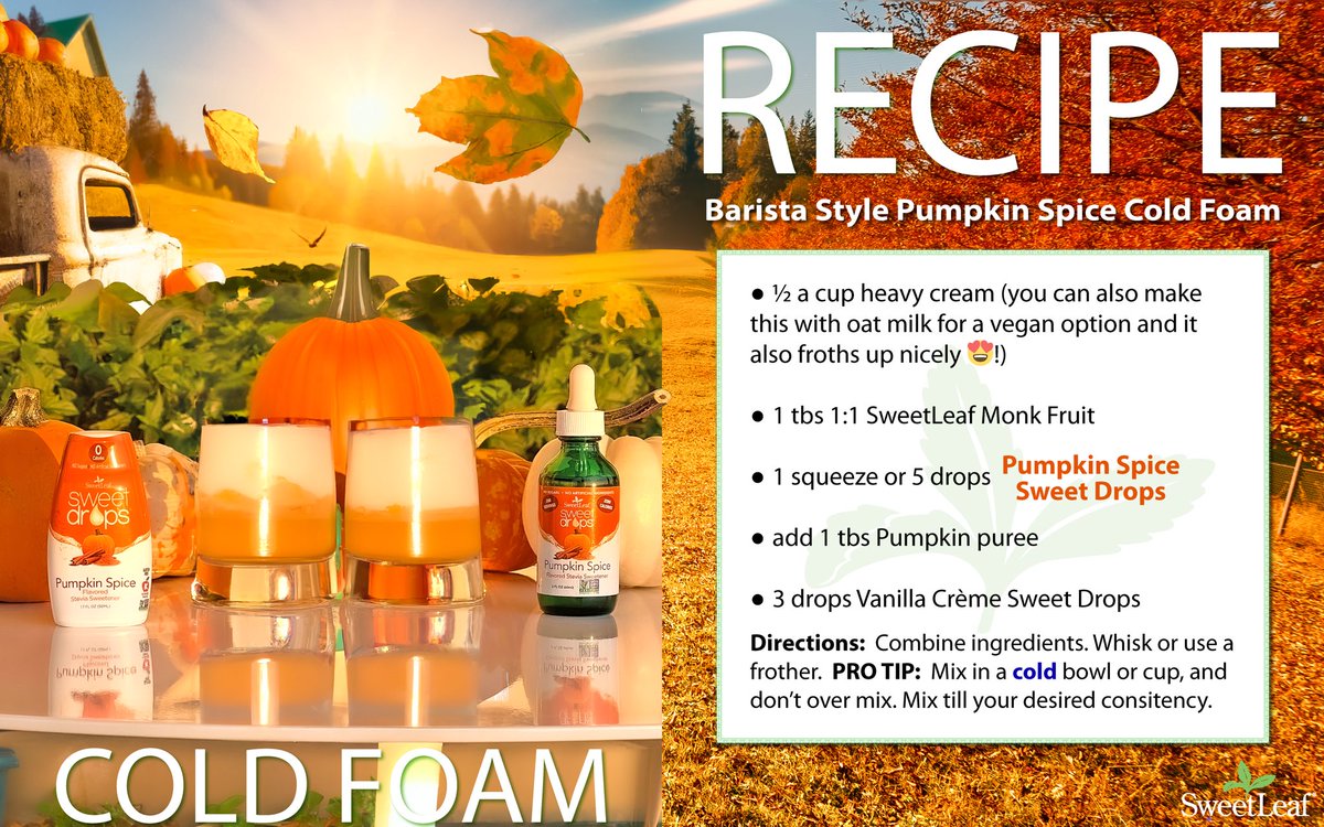 Did you hear? It’s Pumpkin Spice season and we’re making this Pumpkin Spice Cold Foam on repeat! 😍 This recipe has ZERO SUGAR and can be made KETO or VEGAN. 🎃 Try this recipe with either Sweet Drops glass dropper or squeezable!