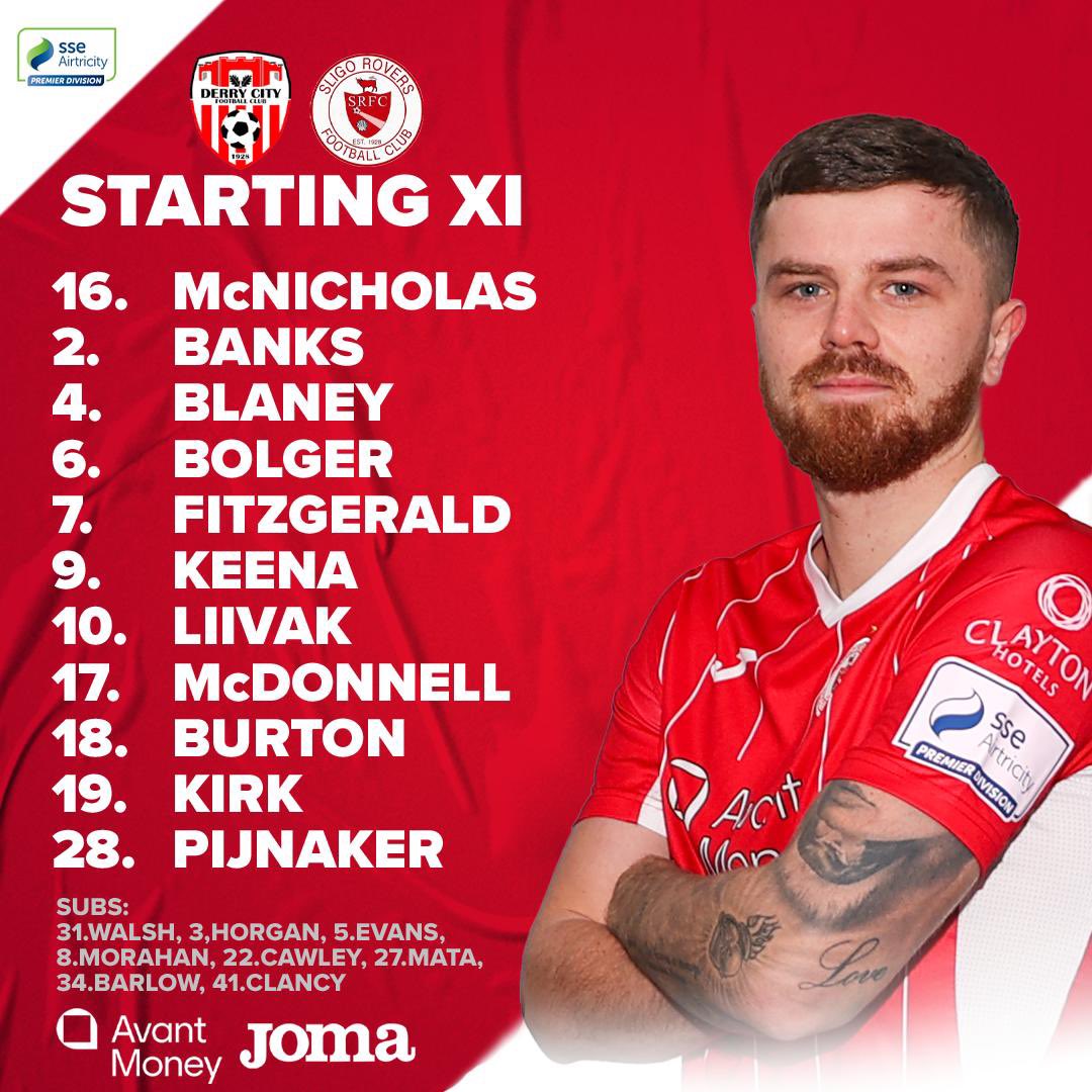 sligorovers's tweet photo. Here we go ⬇️ 

Your Rovers team for tonight 🙌

Will Fitzgerald comes in for Max Mata in our only change.

Richard Brush unavailable so Conor Walsh is on the bench. 

Come on Rovers 

#bitored https://t.co/TwspECL5B6