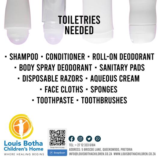 Cleaning up teaches a child to appreciate the effort that goes into doing a job. It also teaches them to care for what they own by cleaning, maintaining or putting it away where it belongs.
Help us by donating cleaning products.
louisbothachildren.co.za