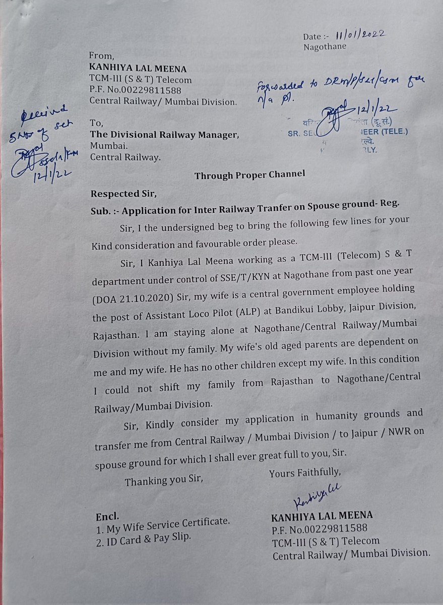 badgoti_l's tweet photo. @AshwiniVaishnaw @narendramodi @PMOIndia @DDNewslive @BJP4Gujarat @PIB_India 🙏🙏🙏
Name kanhiya lal meena
Mumbai division (central railway)
Department-S&amp;T
Post-TCM
My spouse ground request transfer file not forwarded last 9 months..The file is not being forwarded even after receiving the letter.🙏🙏🙏 https://t.co/sz02fTFjJc