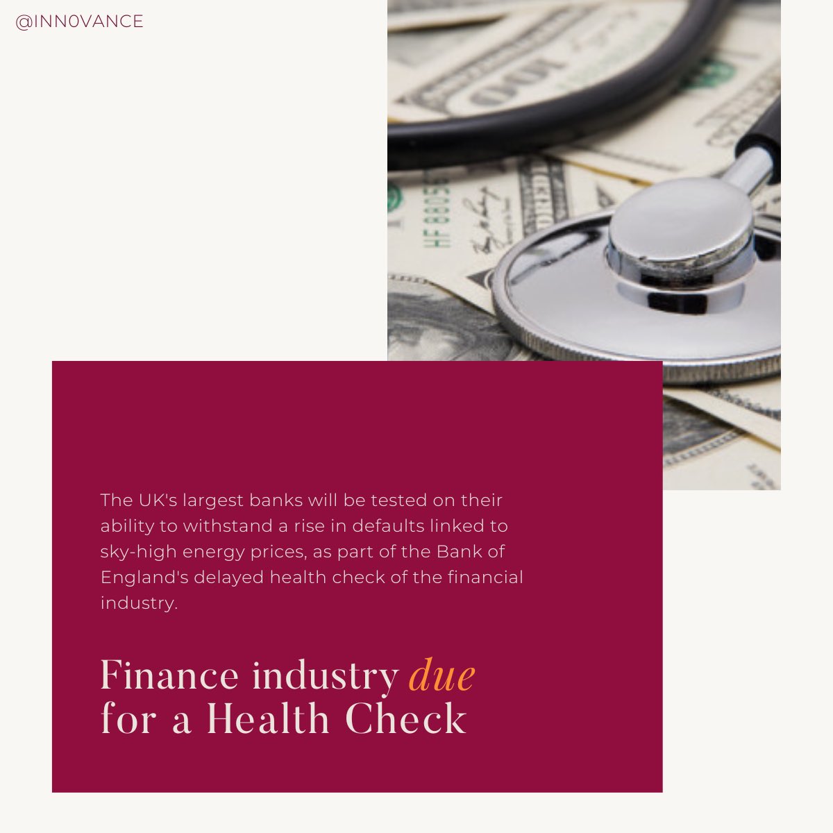 INN0VANCE's tweet photo. Finance industry due for a Health Check!

Threadneedle Street has crafted a new crisis scenario 
that will feature a deep economic recession

#Finance #Investing #Investment #Saving #Borrowing 
#blockchain #nft #money #venturecapital 
#privateequity #takeover #London #moneymaking https://t.co/lB7o8PnFCE