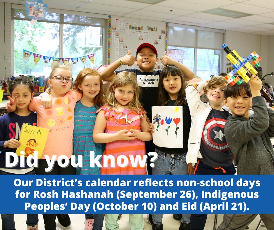 mvpschools's tweet photo. Did you know? Our District's calendar reflects non-school days for Rosh Hashanah, Indigenous People's Day and Eid. See the full calendar here: https://t.co/nIbHUkGDMc https://t.co/pf6AX52W2J