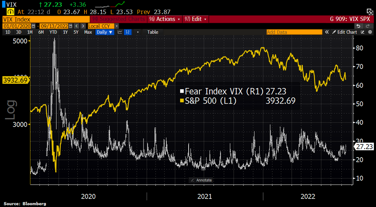 This is not what a final sell-off looks like. The fear index VIX has just shot up to 27, far from values that used to mark turning points.