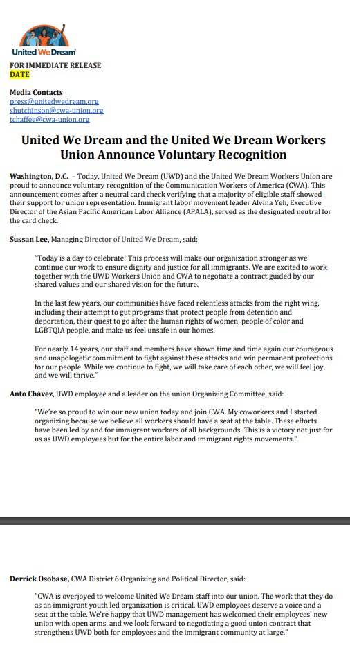 🚨Update: Our union card check has been completed and our Union is now certified! 🎉We have won voluntary recognition from United We Dream and look forward to bargaining our first union contract! 📝#1u #hotlaborsummer #UnionStrong