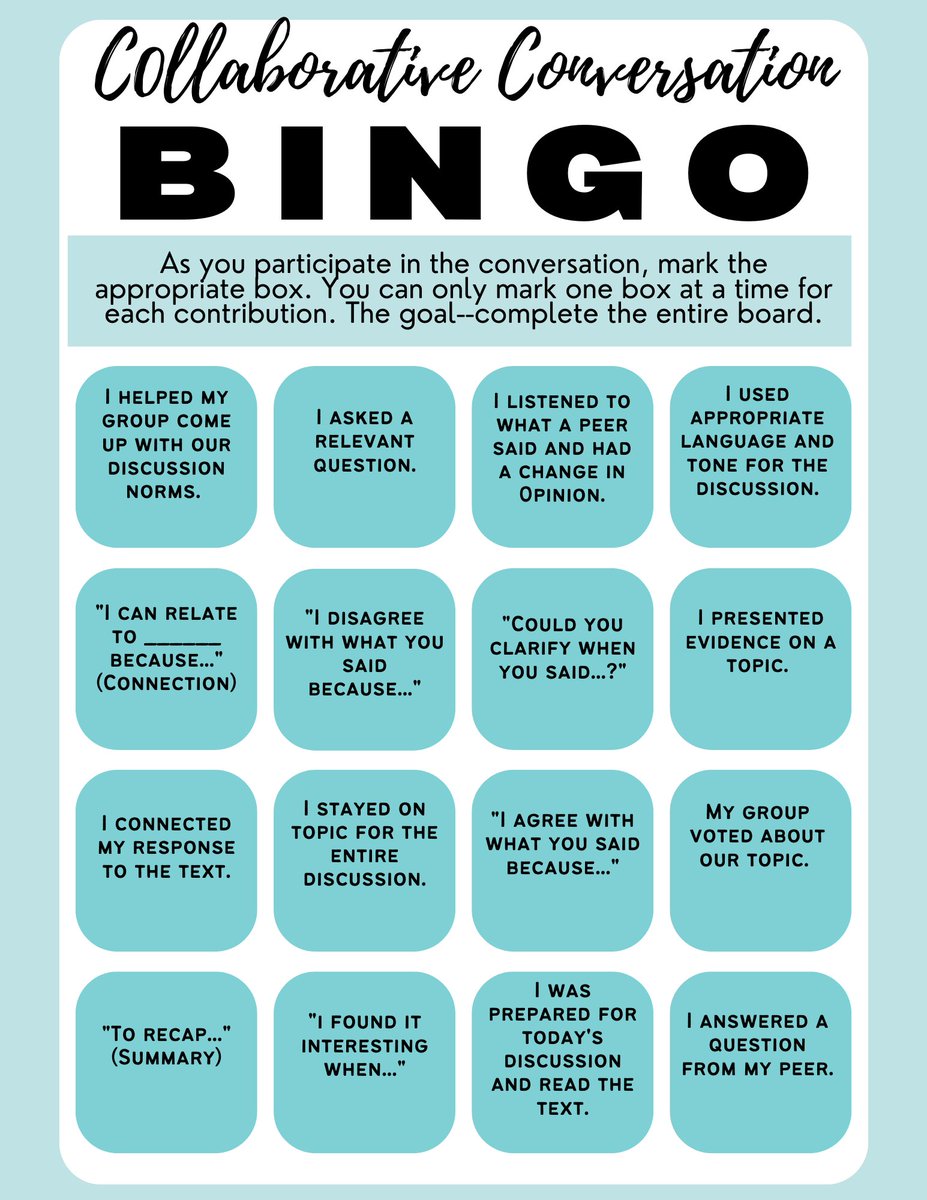 Want to keep students focused during collaborative conversations? Have them use this self-monitoring bingo card. See our last newsletter for a link to this document. Tag @BASDlitcoaches if you use it!