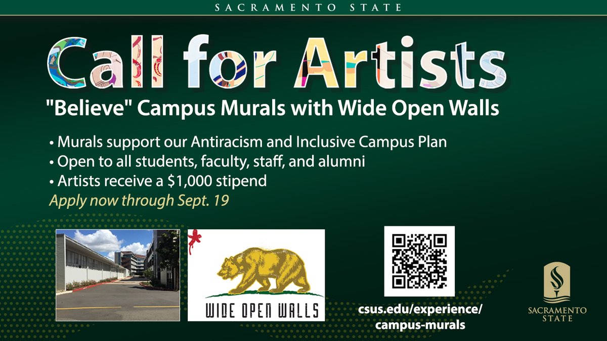 sacstate's tweet image. Calling all Hornet artists! 🎨 

In partnership with @WideOpenWalls_, Sacramento State will host a campus mural event in support of our Antiracism and Inclusive Campus Plan. 1/2