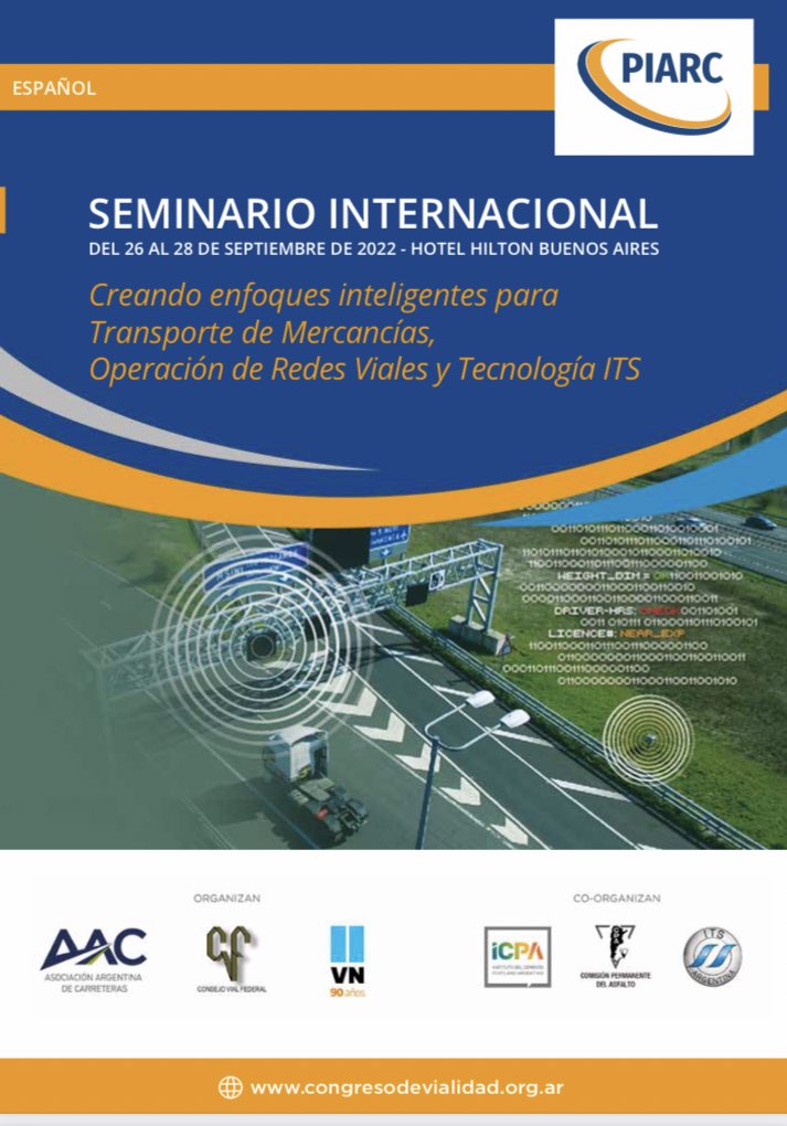 <a href="/PIARC_Roads/">WorldRoadAssociation</a> organiza con dos de sus excelentes Comités Tecnicos internacionales el Seminario “Creando enfoques inteligentes en el #transporte #mercancías operaciones #viales y tecnología #ITS” dentro del Congreso de #Vialidad y #Transito de 26-28 sept.
<a href="/AACarreteras/">Asociación Argentina de Carreteras</a>