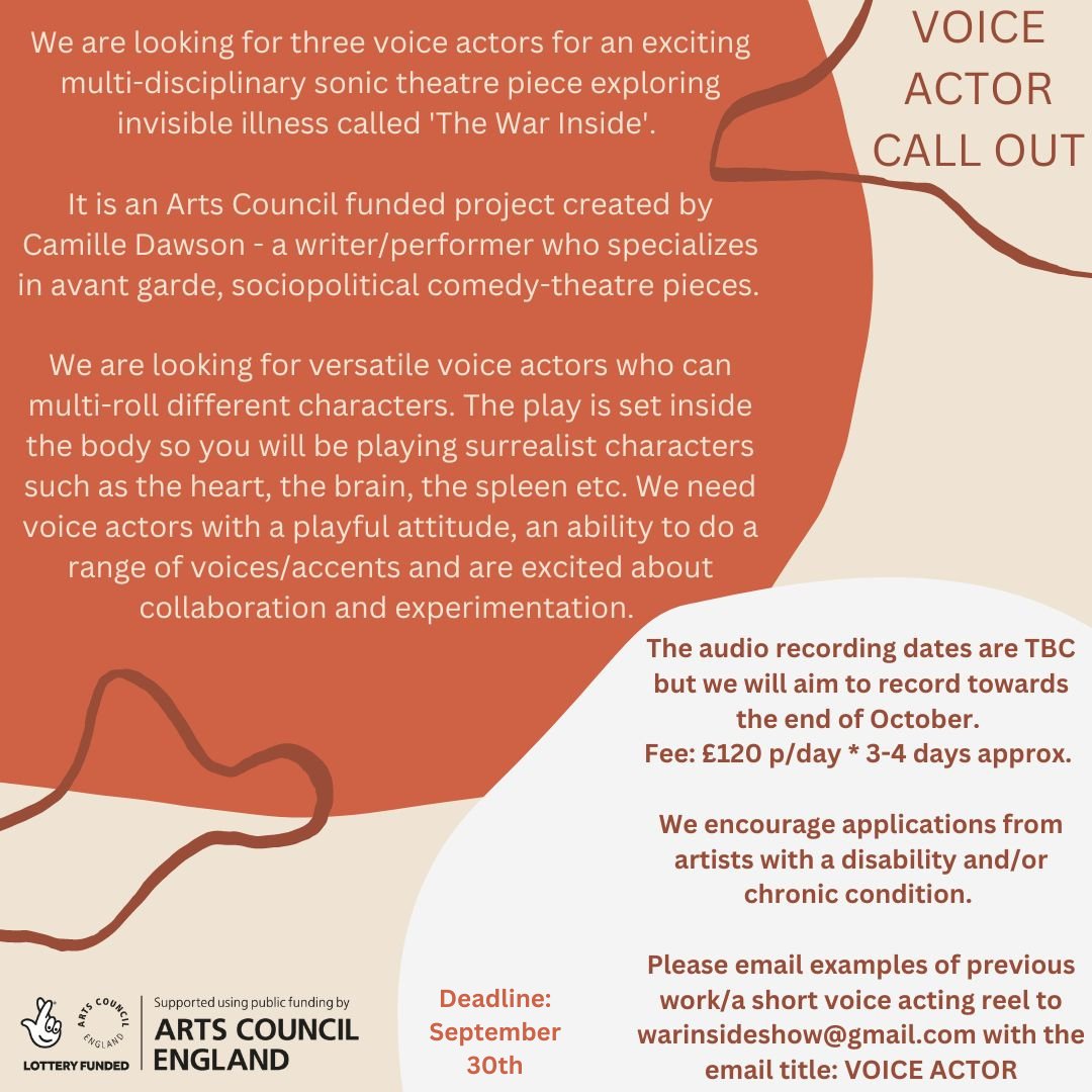 ✨VOICE ACTOR CALL OUT ✨

Our AD <a href="/CamilleNaomiD/">Camille Dawson</a> is embarking on her first <a href="/ace__london/">Arts Council England, London</a> funded solo project - a sonic play about invisible illness💗Looking for dynamic voice actors to join the team! Check out the details here ⬇️

#callout #voiceacting #actorslife #actorjob
