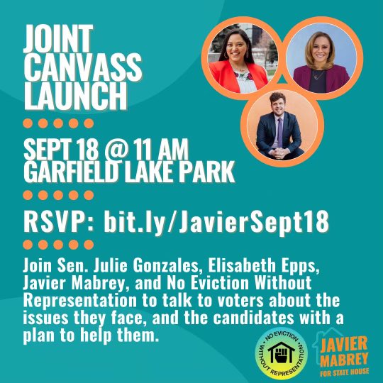 javier_mabrey's tweet photo. 🚨 Sunday🚨

Join @SenadoraJulie, @elisabethepps,
@NEWRDenver and I for some canvassing this Sunday at Garfield Lake Park. We will be talking to our neighbors about the need for guaranteed representation for eviction cases in Denver, re-electing @SenadoraJulie and my campaign. https://t.co/xYl6wmJuOc