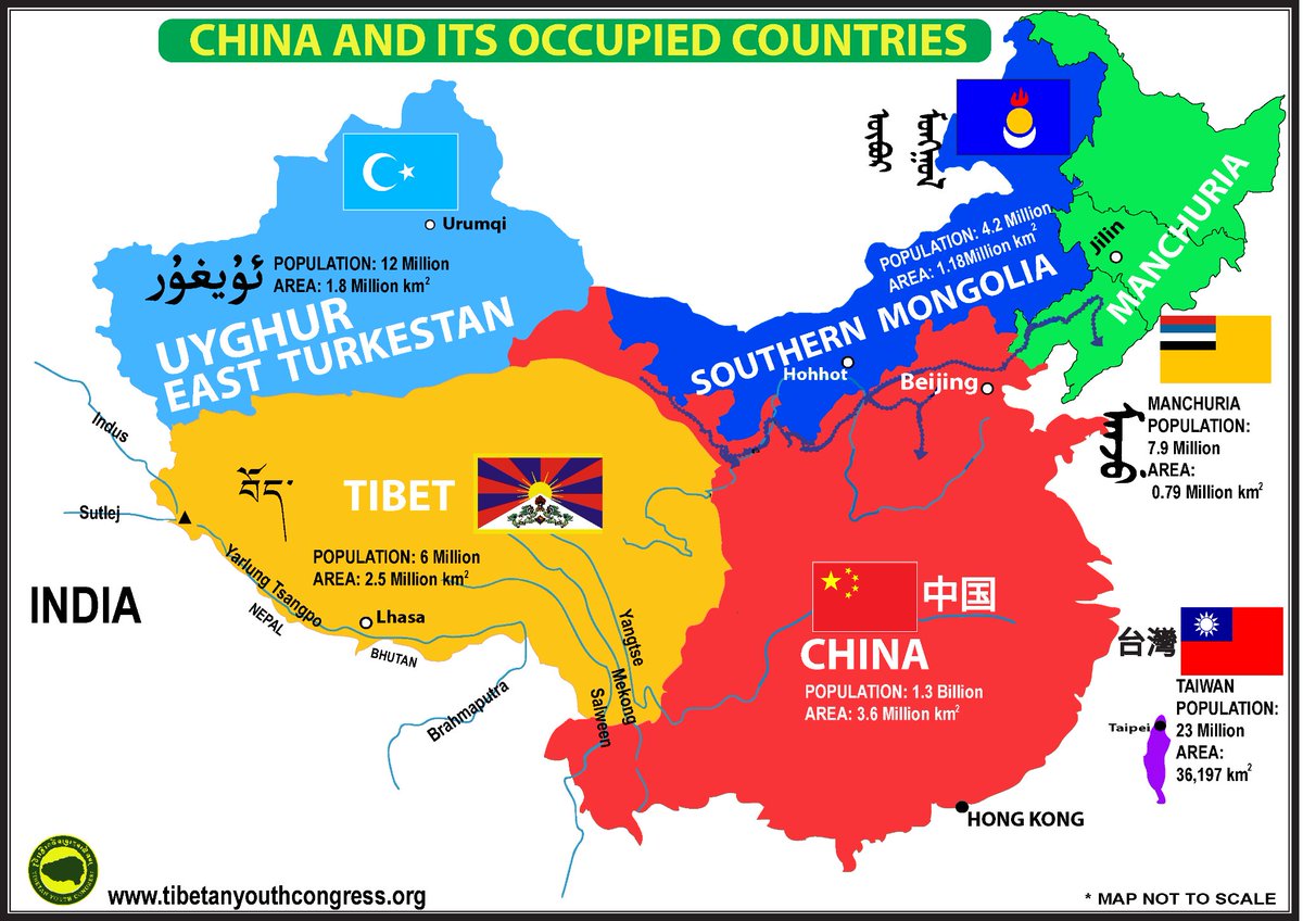 TenzinTsundue's tweet photo. 60% of China's 9.6M km² are occupied countries including Tibet East Turkestan, Southern Mongolia. Share the truth. #RejectOneChinaPolicy @POTUS @SecBlinken @RepMcGovern @RepScottPerry @narendramodi @MEAIndia @TheAjitDovalNSA @iingwen @UyghurCongress @ETogochog @mongolia_south @AP https://t.co/jE4ZZVwHlN