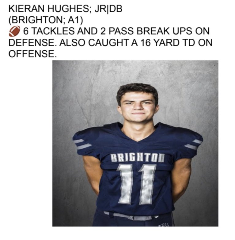 Congratulations to <a href="/kieranphughes/">Kieran Hughes</a> for being named the Class A1 <a href="/SecVFootball/">Section V Football</a> Defensive Player of the Week! <a href="/CoachLian8/">Coach Lian - Brighton Football</a> <a href="/brightonbruins/">Brighton Bruins Athletics</a> #Team88 #ThePack