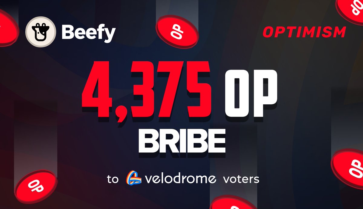 beefyfinance's tweet photo. 💵💶BRIBE TIME💷💴

🗳️ #veVelo holders: vote for $BIFI - $OP LP. Earn your share of $5,250 worth of $OP bribes.

Vote for the Cow 🐮 Get the MOOney. 

Thanks to @VelodromeFI fam on @optimismFND for boosting our bribe!🙏 https://t.co/bZ9r3jgYQ6
