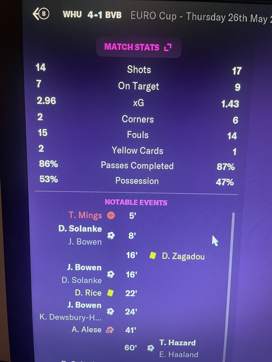 The National Club save continues #fm22 

2nd season and a debut in the champions league after winning the Europa League 

Top Goalscorers
1. Jarrod Bowen - 26
2. Eddie Nketiah - 25
3. Dominic Solanke - 22

Formation 4-4-2, English players only 

twitch.tv/jr_mcr