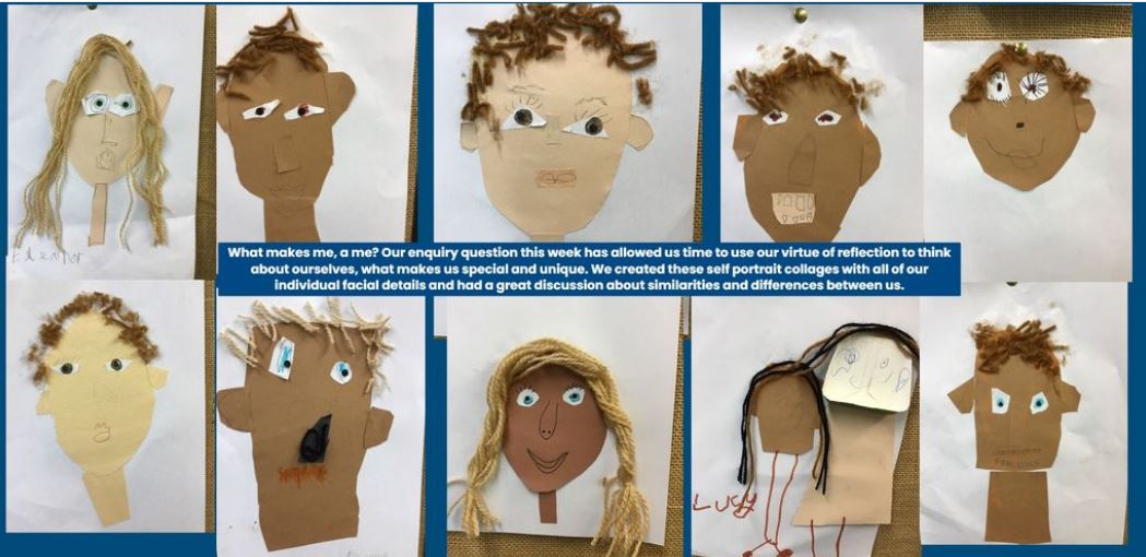 Kingfishers are using their focus virtue of reflection to consider what makes them unique. We enjoyed creating these collage self portraits as part of our explorations. #reflection #alumnischaracter #creativity