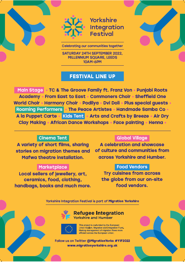 MigrationYorks's tweet photo. Yorkshire Integration Festival 2022 will be held on Saturday 24 September in Millennium Square, Leeds. Join us for our free family and community celebration from 10am - 6pm. Full details on our website: https://t.co/KEe7CJkVmg  #YIF2022 #YorkshireAndHumber #Integration https://t.co/6qDlbPAQt1