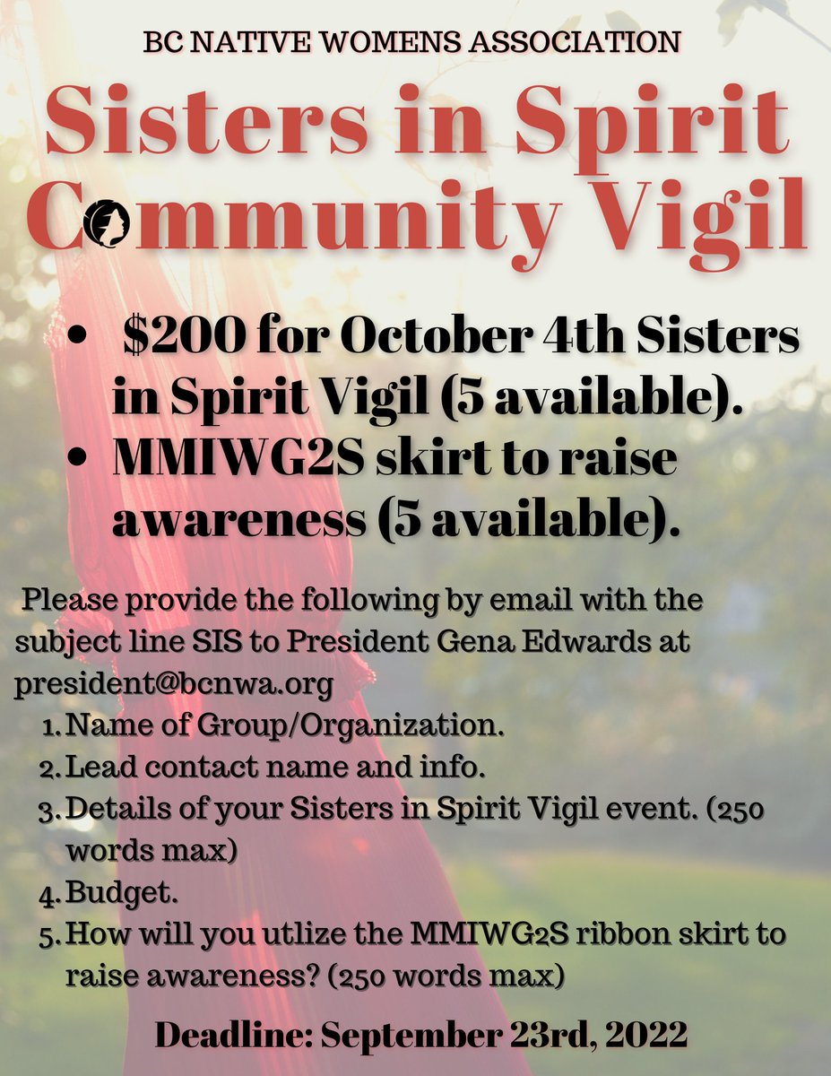 BCNWA_'s tweet photo. PLEASE SHARE!
We apologize for the short turn around, deadline is September 23rd, 2022!!
#SIS2022 #MMIWG2S #MMIP #GoneButNotForgotten #ImNotNext https://t.co/AeBpV1aGv6