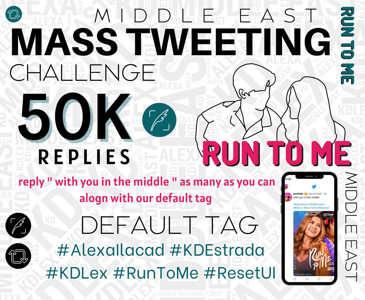 Team Middle East where are you?😂
HANDA NA BA KAYO?

Welcome to 50K Mass Tweeting Challenge

Please reply "with you in the middle" as many as you can along with our tag.

Let's do this mga palangga🥰

<a href="/alexailacad/">Alexa Ilacad ☾</a> | #AlexaIlacad
<a href="/kdestrada_/">kyle daiñel estrada</a> | #KDEstrada 
#KDLex #RunToMe #ResetUI