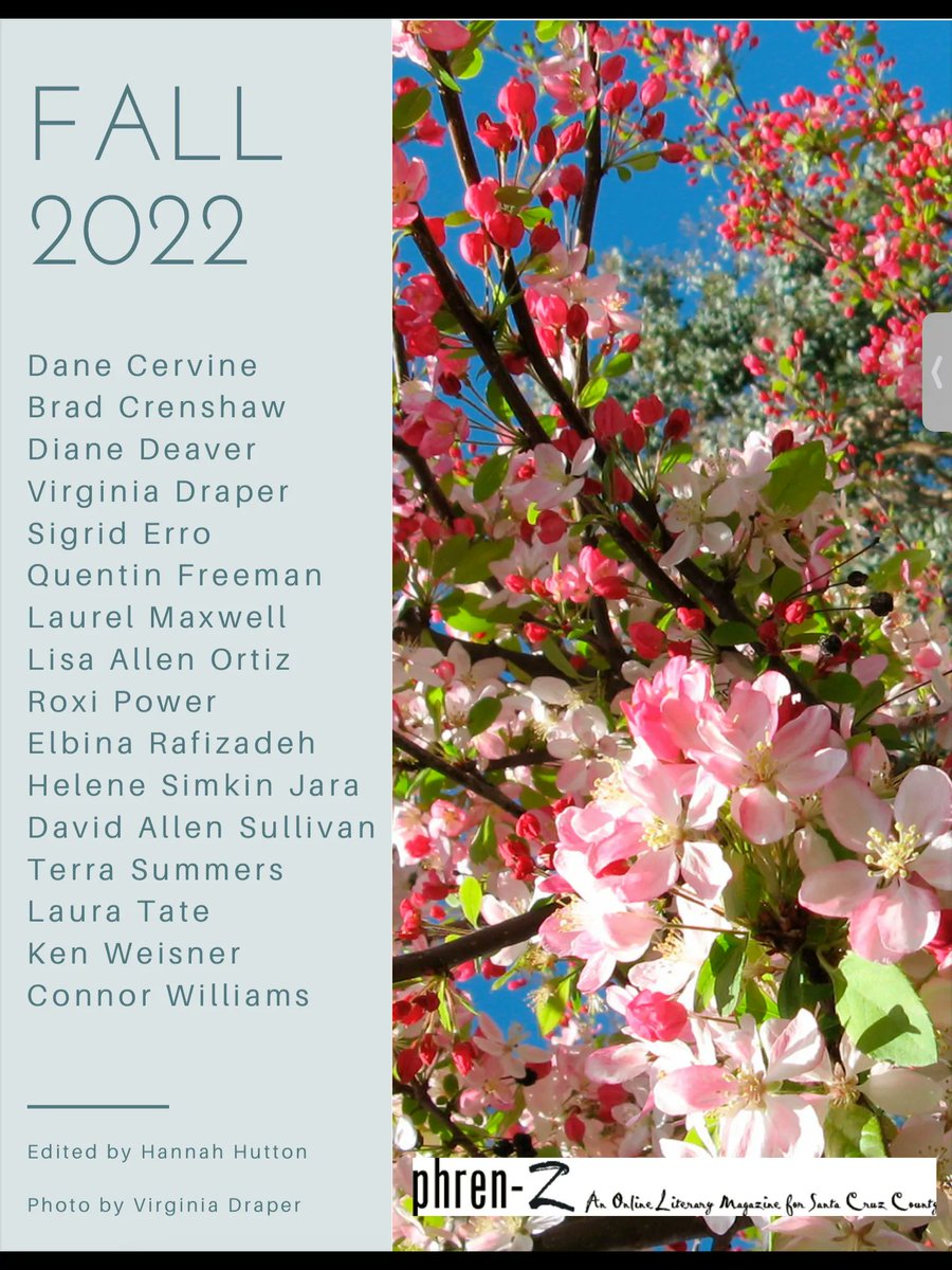 LauraMTate's tweet photo. I am honored to be among a group of esteemed #writers and poets for the fall issue of phren-Z including Santa Cruz #PoetLaureate David Allen Sullivan. 

#Poetry #LovePoetry #LiteraryMagazine https://t.co/VIt0aFFmtg https://t.co/gRIVc0fLda