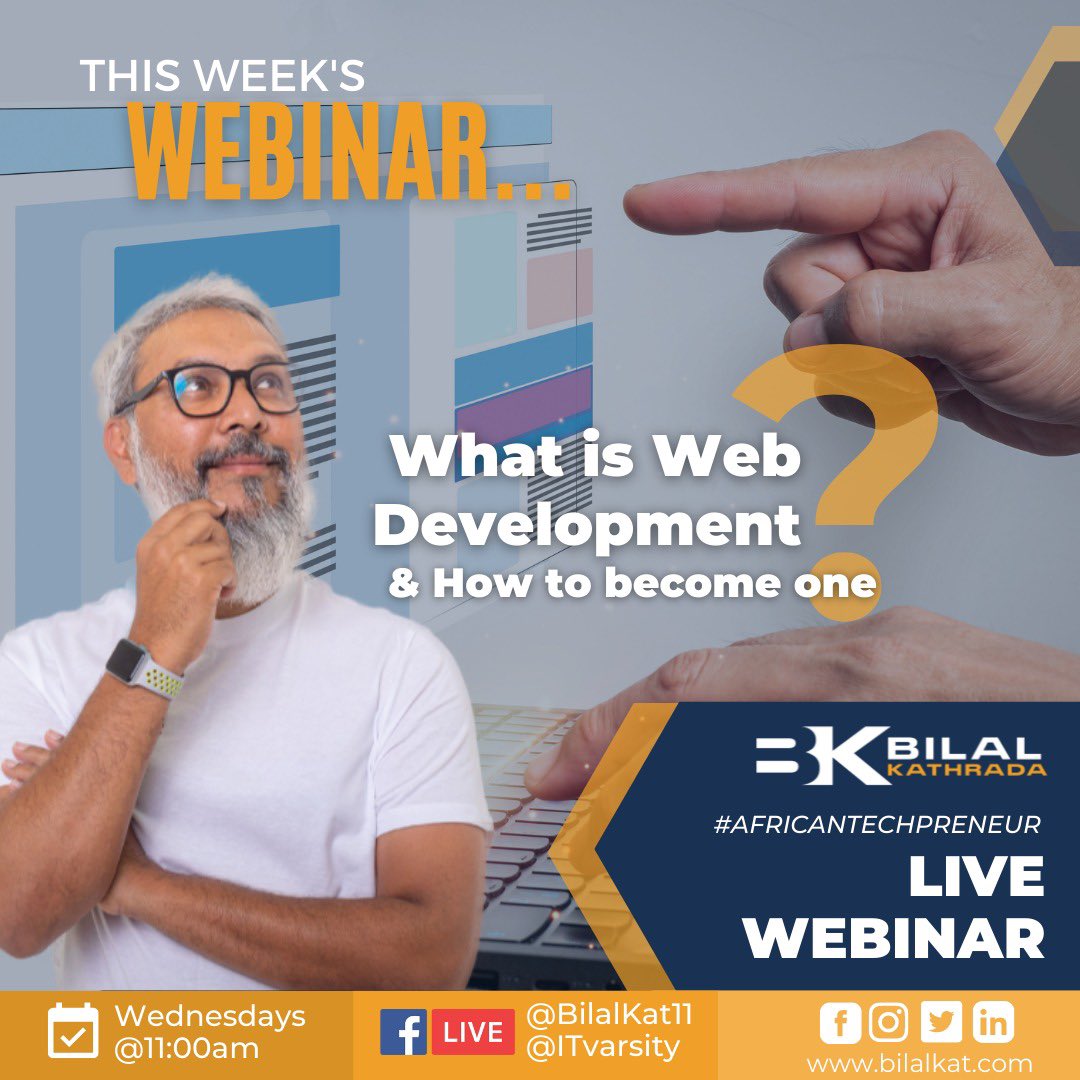 BilalKathrada's tweet photo. Join me on this week's edition of #AfricanTechpreneur as I give u the 101 on becoming a successful Web Developer, including additional skills worth knowing to get ahead in this sought-after field.
#BKWednesdays #BilalKathrada #LiveWebinar #WebDevelopment #Web101 #Entrepreneurship https://t.co/jhkmCrsuXq
