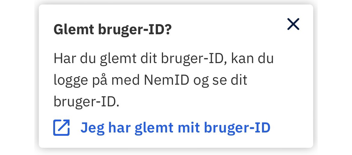 @RonnieHansen @koebenhavner Jeg fik den har Kafka-bon i min MitID-app forleden.

“Har du glemt dit bruger-ID til MitID, kan du logge på NemID og se dit bruger-ID til MitID.”