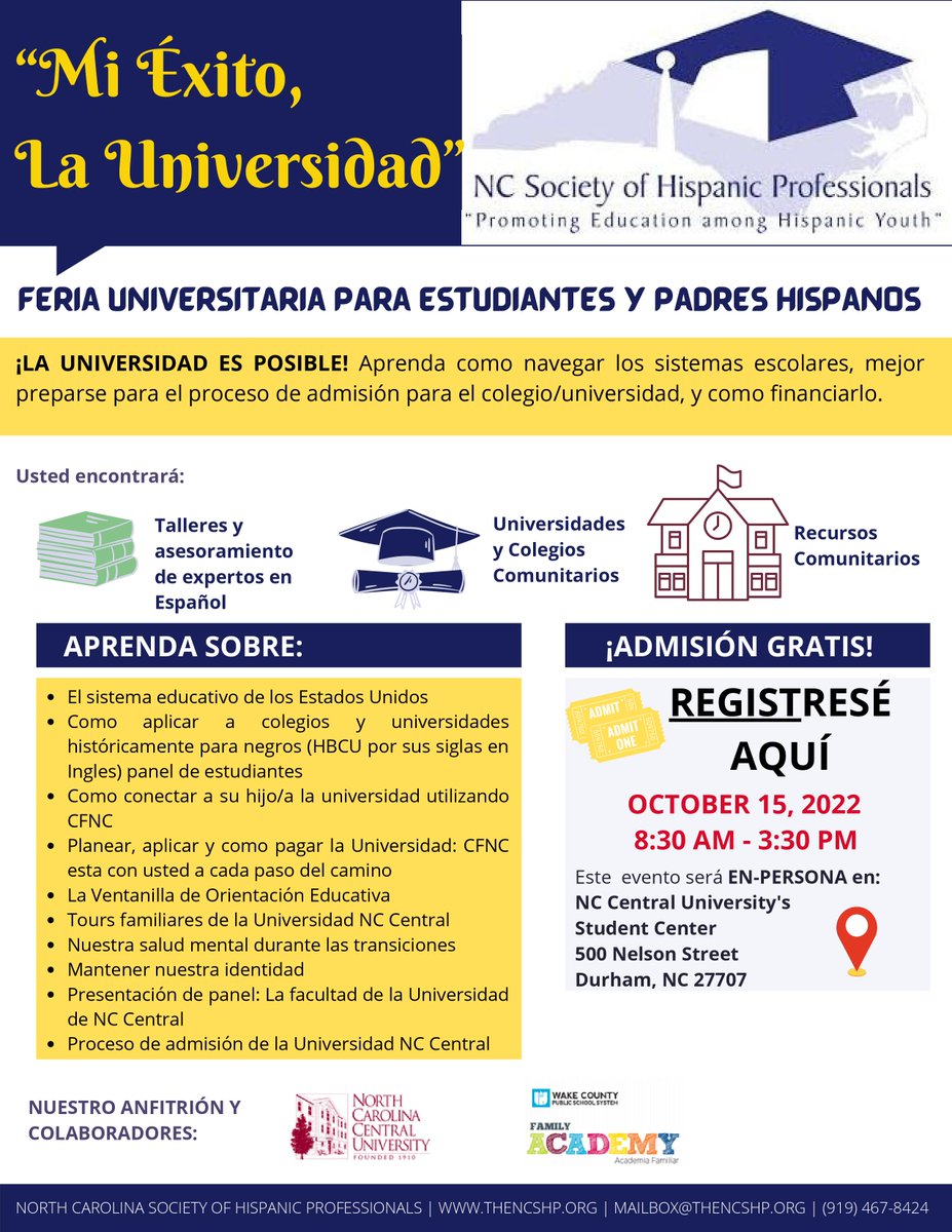 chccs's tweet photo. What: “Mi Éxito, La Universidad,” a college fair for Hispanic students and their parents

When: TOMORROW, Sat., Oct. 15, 8:30am - 3:30pm

Where: IN-PERSON at NCCU’s Student Center (500 Nelson Street, Durham)

Register: https://t.co/kGYqaR4pdv

More info: https://t.co/hzMJQyzxKk https://t.co/aAFIBAhmwu