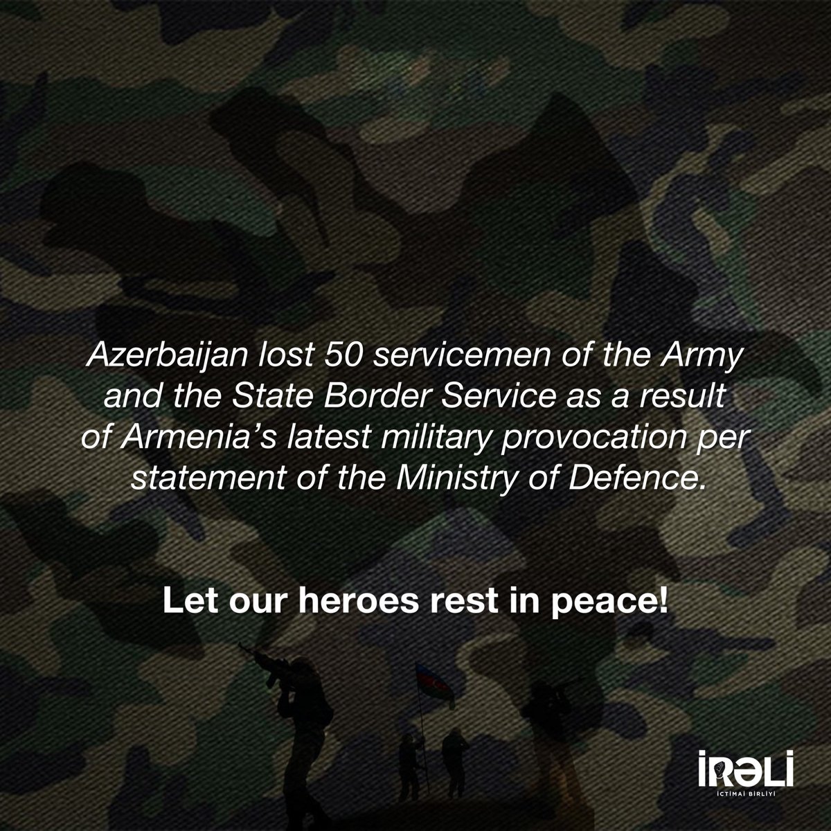#Azerbaijan lost 50 servicemen of the Army and the State Border Service as a result of #Armenia’s latest military provocation per <a href="/wwwmodgovaz/">Azerbaijan MOD</a> statement.

Allah bütün şəhidlərimizə rəhmət eləsin! Let our heroes rest in #peace! 🙏🏻

#hərşeyVətənüçün #ireli2022 🇦🇿