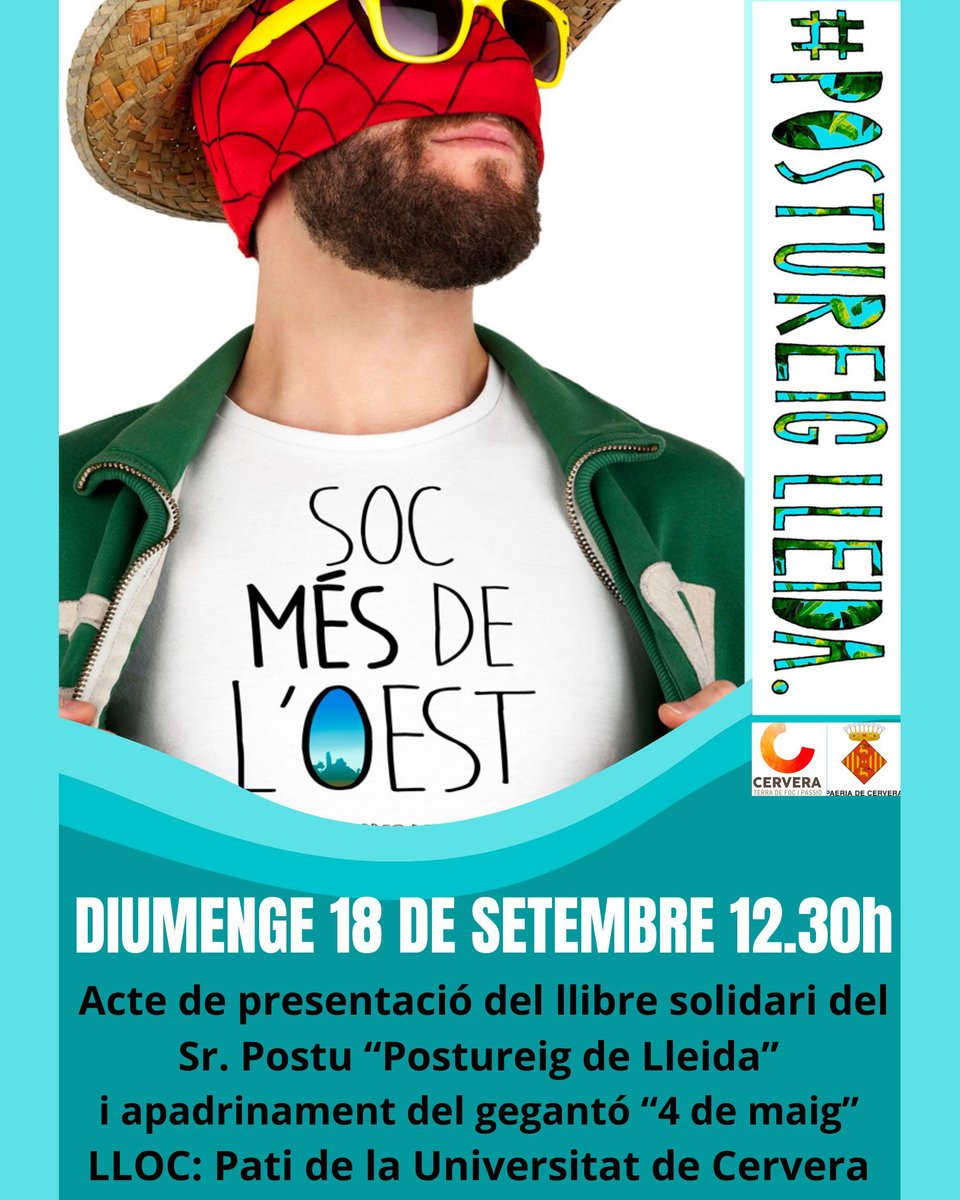postudelleida's tweet photo. Aquest diumenge 18 de setembre, presentació dels #PostuLlibres a #Cervera! Encara no havia estat a la capital de la #Segarra i em fa molta il·lusió 🥰 A les 12:30 al pati de la Universitat, on també apadrinaré un gegantó. Portaré #PostuXapes i #PostuLlibres, us hi esperem! 💙 https://t.co/9cUmcLaqB2