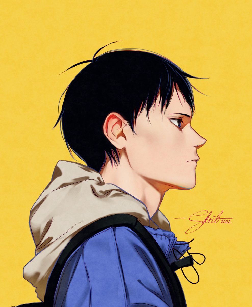 1boy male focus solo yellow background black hair signature profile  illustration images