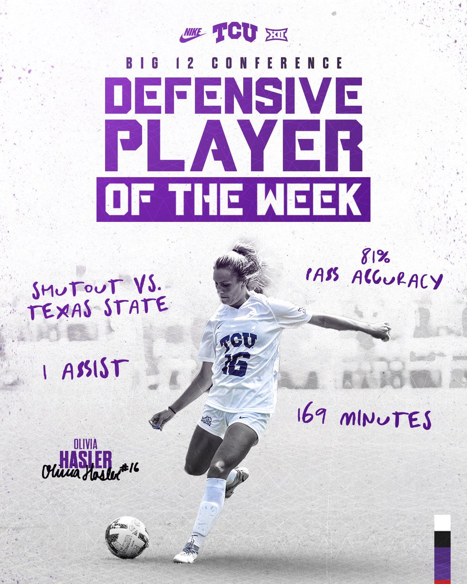 TCUSoccer's tweet photo. She’s tough! Congrats to Olivia Hasler, the Big 12 Defensive Player of the Week 👏👏👏

🔗 https://t.co/hKlfPkVlkH

#GoFrogs | @oliviahasler18 https://t.co/47Mkyq0LP5