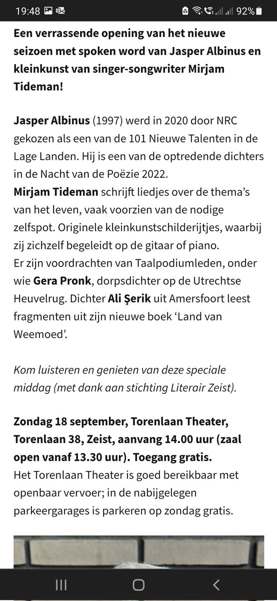 honderdmeter's tweet photo. #Poëzieliefhebbers, zien we je zondagmiddag in #Zeist? @TTZeist @taalpodium #poëzie #spokenword https://t.co/ahN1mo0202