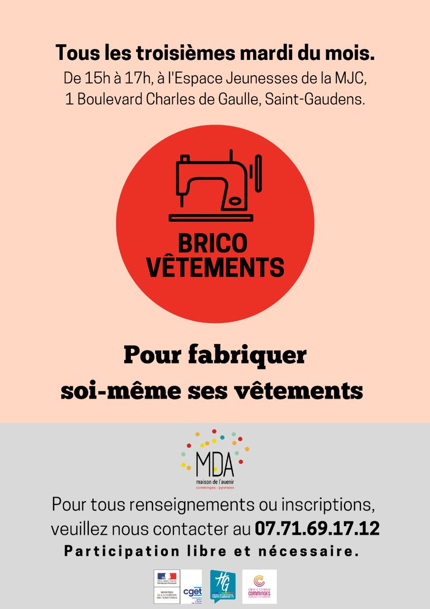 Le deuxième atelier #bricovêtements, c'est mardi prochain !  ✂️👗 🧵
🆕Au programme : #apprendre à #fabriquer un #vêtement , tout en passant un moment convivial... 😉
📌 RDV le 20/09 de 15h à 17h à l'Espace jeunesse de la #MJCstgo
👉 Infos et inscription au 07 71 69 17 12