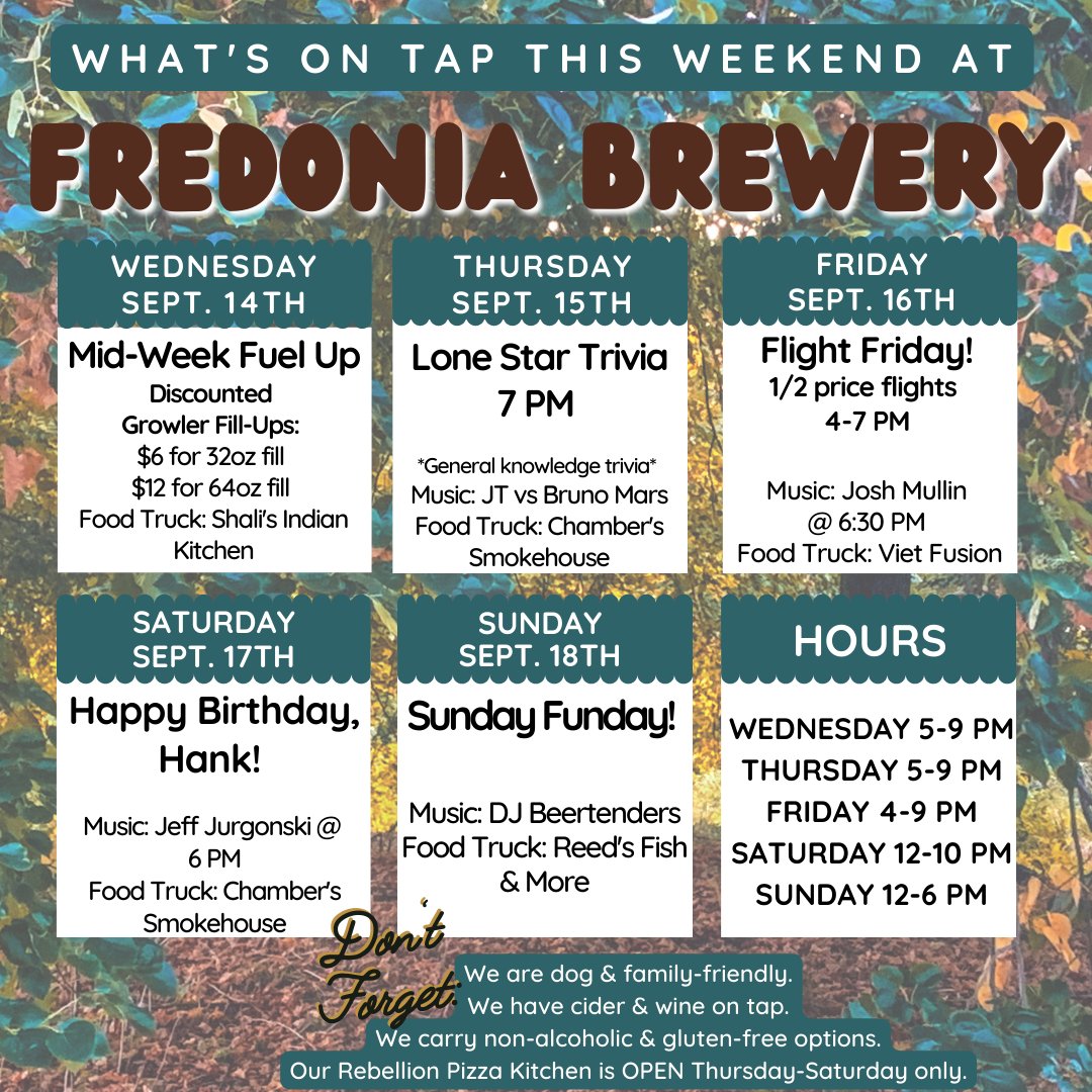 FredoniaBrewery's tweet photo. Enjoy these beautiful days by spending time in our beer garden at the brewery this weekend! Check out our schedule starting tomorrow for Hump Day & our Mid-Week Fuel Up Growler deal! #DrinkLocalBeer #FallIsAlmostHere #LocalMusic #LocalFood #LiveLikeALocal https://t.co/oeYVN0uzkU
