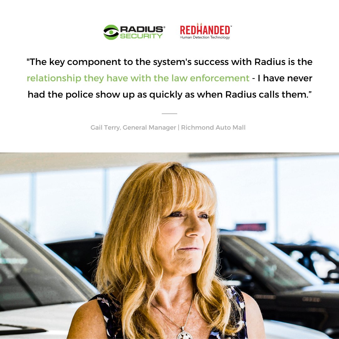 RadiusSecurity's tweet image. Meet Gail Terry 🙌

Like many others, she has also experienced &quot;the old-fashioned guarding setup&quot; where guards commonly fall asleep in their car resulting in an opportunity for theft &amp;amp; vandalism.

Full version: hubs.li/Q01mcZPv0

#automall #remoteguarding #security