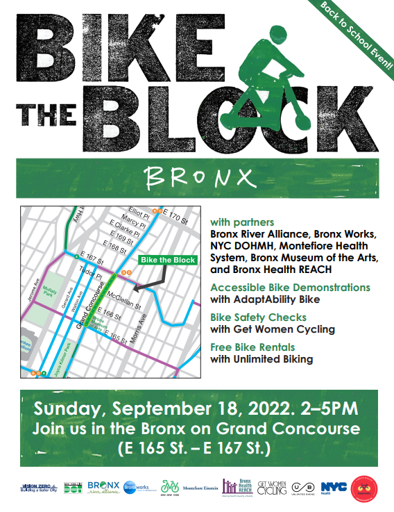 RT NYC_DOT "Looking for a fun #BikeNYC activity? Join us on 9/18, 2PM-5PM for Bike the Block on the Grand Concourse (E 165-E 167 Sts) in #theBronx. Check out accessible bike demos with <a href="/AdaptabilityI/">AdaptAbility Inc</a>, bike safety checks with <a href="/GetWomenCycling/">GetWomenCycling</a>, free bi… "