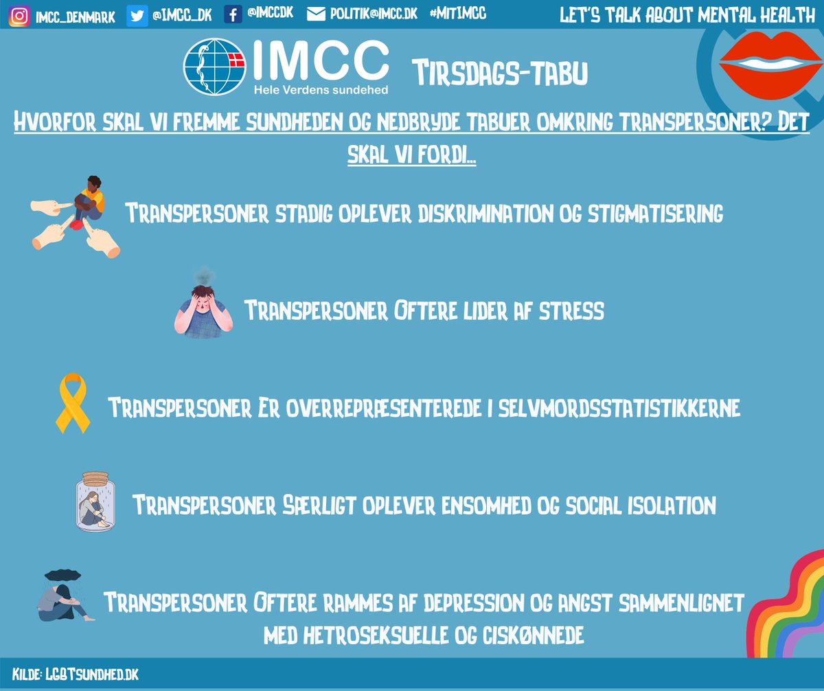 IMCC_DK's tweet photo. Transpersoner er overrepræsenteret i statistikkerne for dårligt mentalt helbred. IMCC mener, at vi skal arbejde for at bekæmpe tabuer om transseksualitet og stigmatisering af transpersoner. Det mener vi kan ske gennem ung-til-ung-undervisning #sundhedforalle #sundpol #mitimcc https://t.co/tA5b61Eexj
