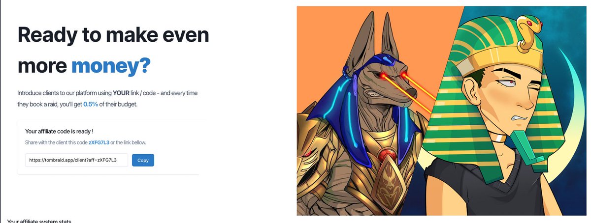 You can now enter <a href="/AnubisPuntNFT/">Anubis Punt</a> and <a href="/AlphaPharaohs/">Alpha Pharaohs - No1 Marketing Platform on Solana</a>  TombRaid Affiliation program 👇

Get you code
Bring a client raid
Earn 0.5% of the budget 

Printing #sol has never been so easy until today 💸