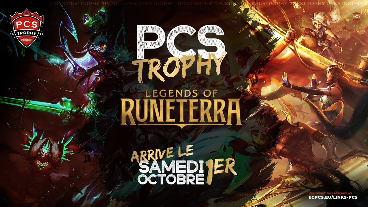 🔴| ANNONCE |⚫

On fait appel à la commu #LegendsOfRuneterra ! 
🏆Un petit tournoi, ça vous tente ?

🎁 100€ de cashprize
🗓️ Samedi 1er octobre
📝 Inscription : ecpcs.eu/PCS-TROPHYLOR0…

#PCSFAMILY #Conquerorscup #esport #RiotGames