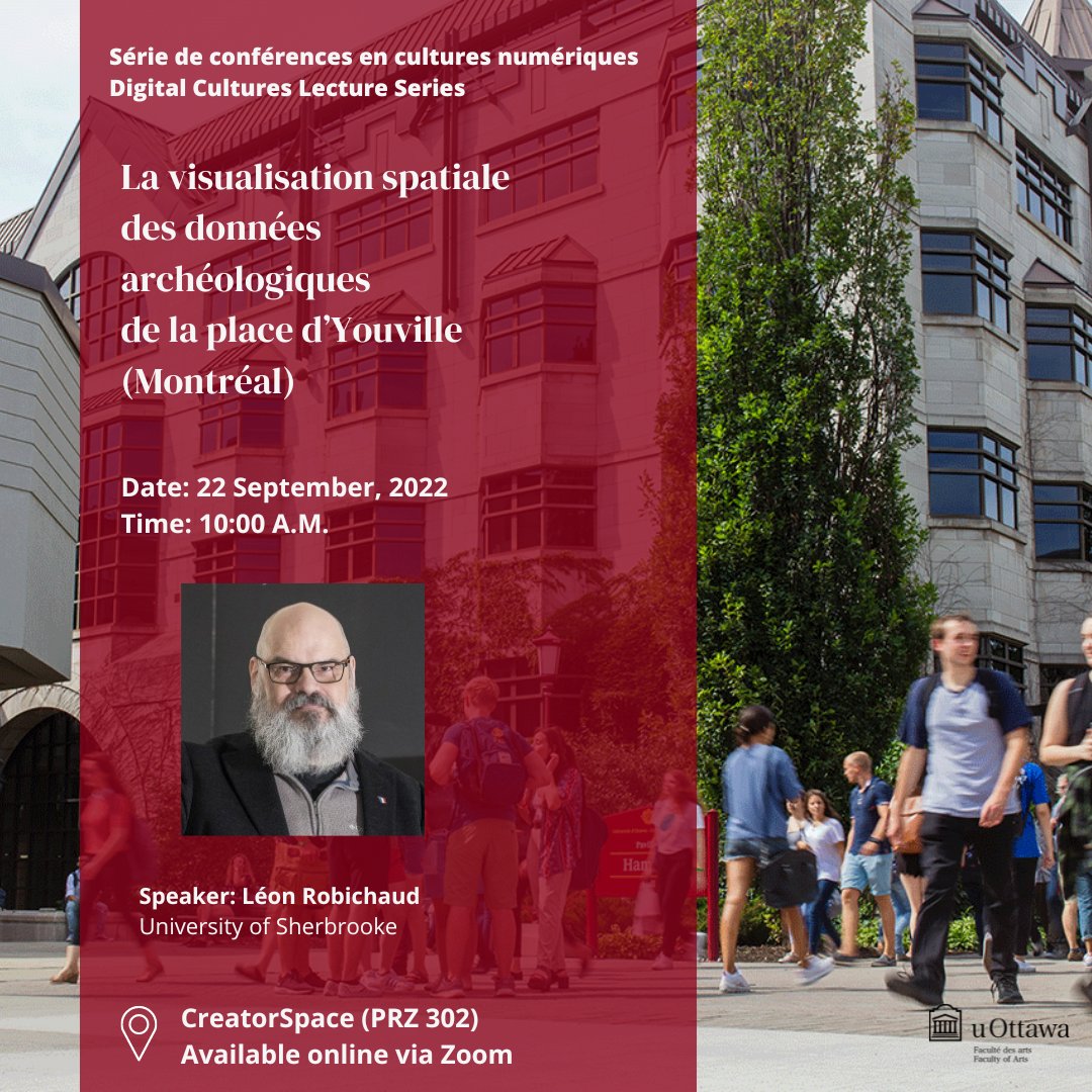 DH_uOttawa's tweet photo. Our first invited speaker is Léon Robichaud, who will deliver a presentation entitled "La visualisation spatiale des données archéologiques de la place d’Youville (Montréal)."

22.09.2022
10:00 to 11:00
CreatorSpace (PRZ 302)

Join us in person and virtually! https://t.co/lH4ejKUwyB