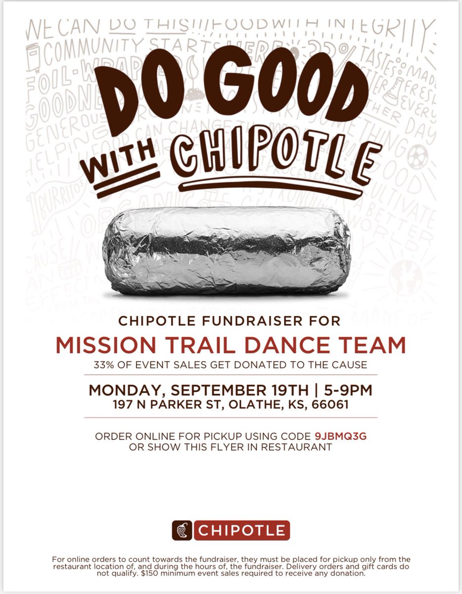 kappellmt's tweet photo. Do you love chipotle?? Eat chipotle on Monday, September 19th at the Parker location to support the MT dance team! Just show them this flyer when you are ordering or enter the code for online orders. Thanks so much for the support! 💜💜 @MT_Timberwolves https://t.co/AaBCuBalkh