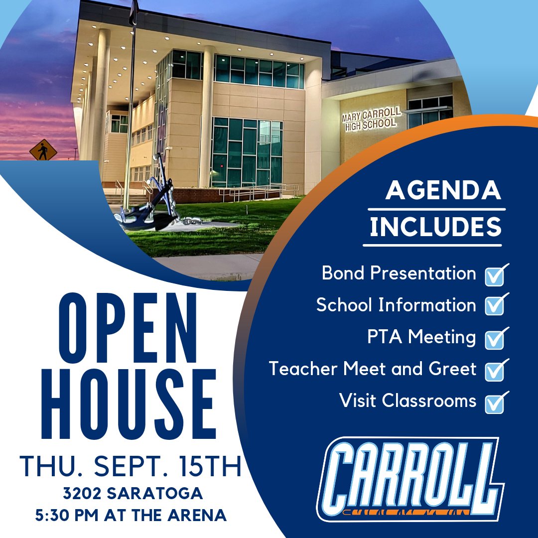 MaryCarrollHigh's tweet photo. ⭐⭐⭐OPEN HOUSE⭐⭐⭐
Thu. Sep. 15 at The ARENA!!!
5:30 pm - we look forward to opening our doors to our amazing Tiger Community! @CCISD 
See details! 👇👇👇 https://t.co/wMmSEHdpXi