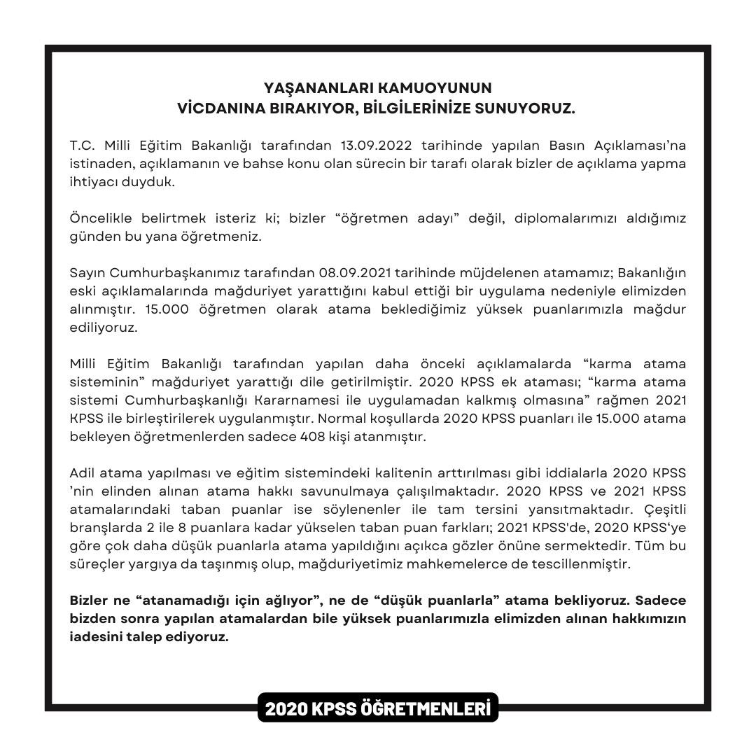 2020 de alınmış yüksek puanlara göre atama yapmayarak hak yiyorsunuz, karma atama usulsüzdür kanunsuzdur. 2020 KPSS mağduru öğretmenlerimiz sahipsiz değildir.

Sonuna kadar destekçileri ve konunun takipçisiyiz.
#2020KPSS