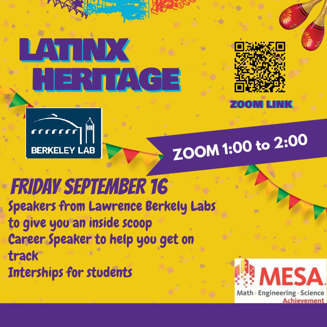 MESA_LMC's tweet photo. This Friday, there will be a Zoom Q&amp;A session with the Lawrence Berkeley National Laboratory, where speakers will talk about careers, internships, and research in the lab!
Also, Hispanic Heritage Month begins on September 15th, and we have some great events lined up to celebrate! https://t.co/vzoA7V3rl4