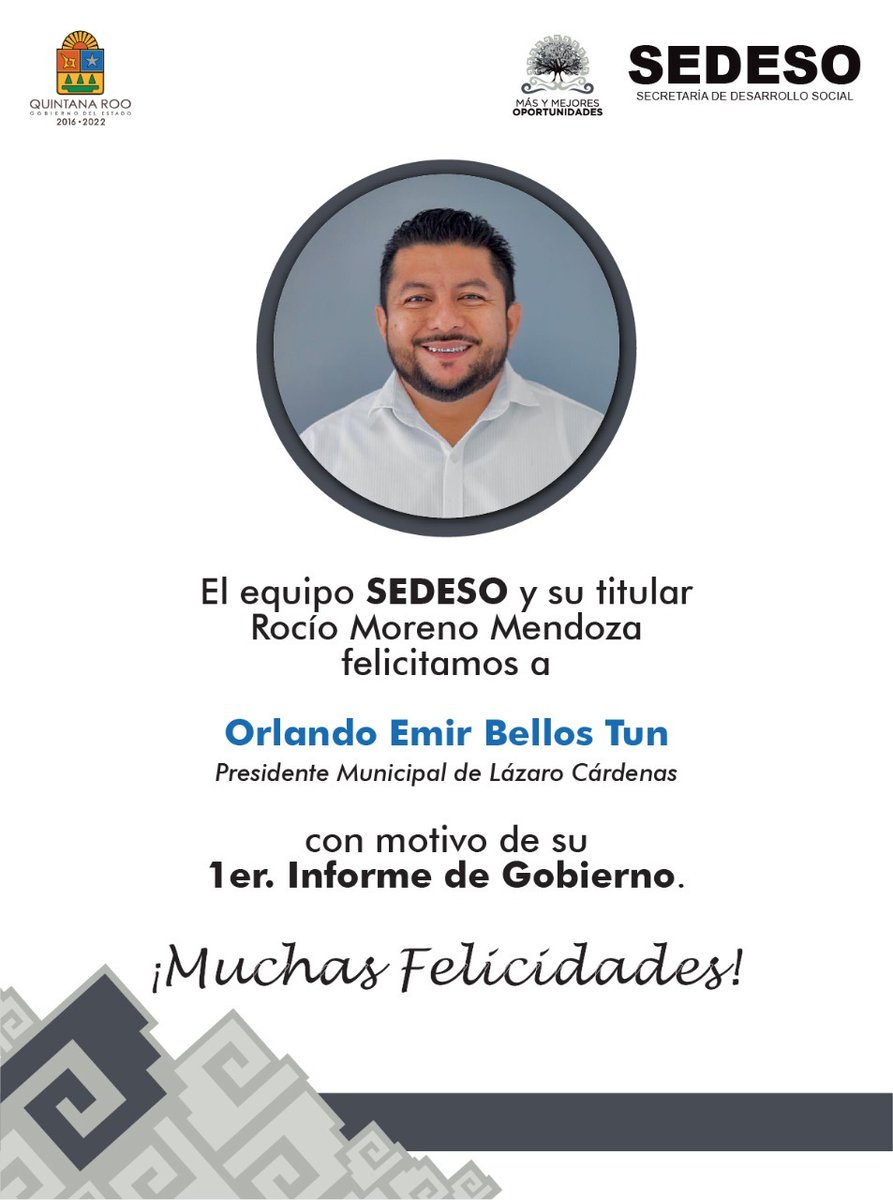 El equipo SEDESO y su titular <a href="/Rocio_Moreno_M/">Rocio Moreno</a>, felicitamos a <a href="/EmirBellosTun/">Orlando Emir Bellos</a> Presidente Municipal de Lázaro Cárdenas, con motivo de su Primer Informe de Gobierno. 

<a href="/Ayuntamiento_LC/">Ayuntamiento Lázaro Cárdenas</a>