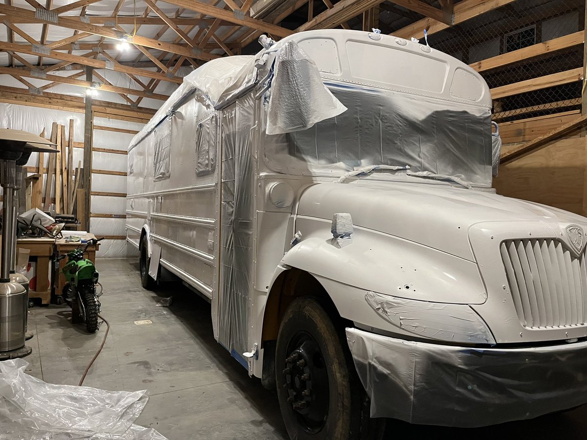 Update on our school bus conversion, no longer yellow and the final coat will go on tonight!! First trip scheduled for October 😤