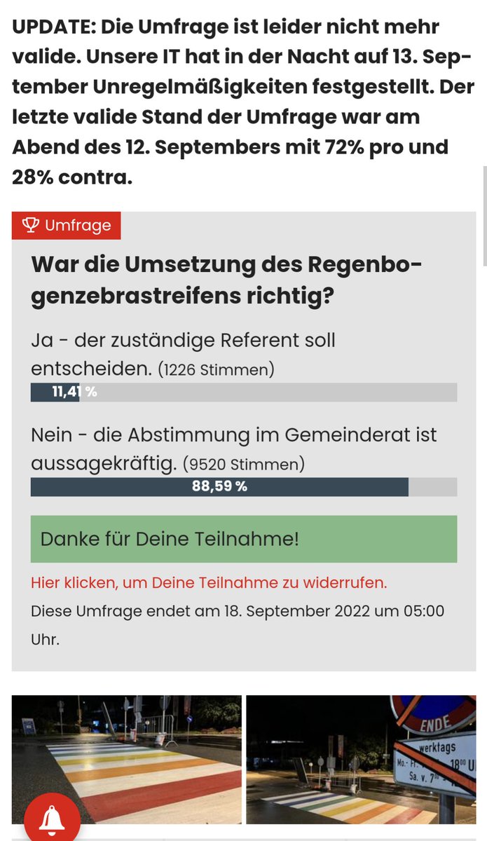 GanzertS's tweet photo. Das ein Zeichen für Toleranz soviel negative Energie auslösen kann. 🤦 Das nächste mal lieber mit realistischeren Zahlen versuchen. 9000 Stimmen in nur einer Nacht fallen halt auf, sorry to say. Aber Danke für die Zustimmung von 72%! 🌈💪😎 #Wels #Wös #StadtWels #Regenbogen https://t.co/H7EejL5NUz