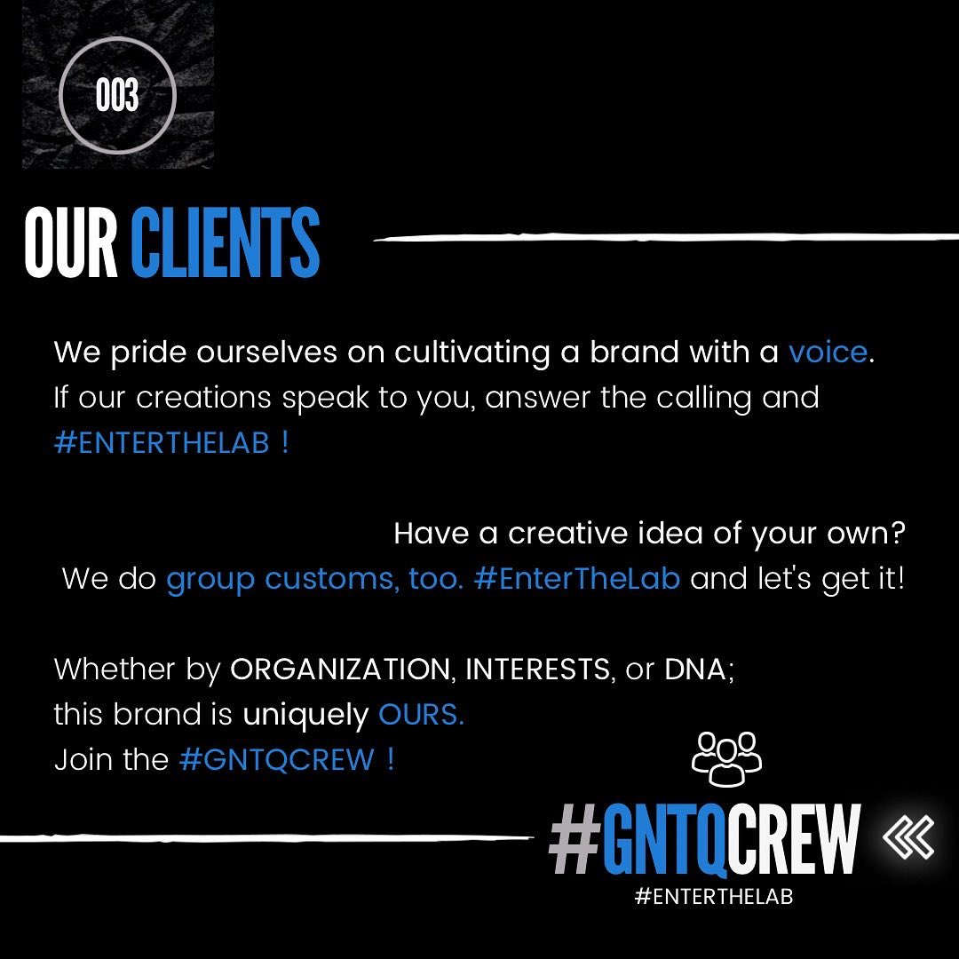 For a creation to 𝘁𝗵𝗿𝗶𝘃𝗲, it must have: a 𝗩𝗢𝗜𝗖𝗘 , a 𝗦𝗧𝗢𝗥𝗬, and a 𝙋𝙐𝙍𝙋𝙊𝙎𝙀. 
Here’s ours. 🧬

The Lab will open soon! 🧑🏾‍🔬
FOLLOW to be granted access. 

#EnterTheLab #GNTQ