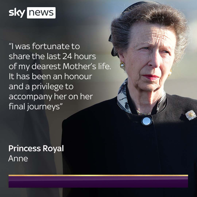 SkyNews's tweet photo. The Princess Royal said it's been "an honour and a privilege" to accompany the Queen on her final journey from Balmoral to London.

In her first statement since the death of her mother, Princess Anne said: "To my mother, the Queen, thank you."

Read more: https://t.co/Z7rA5FswL5
